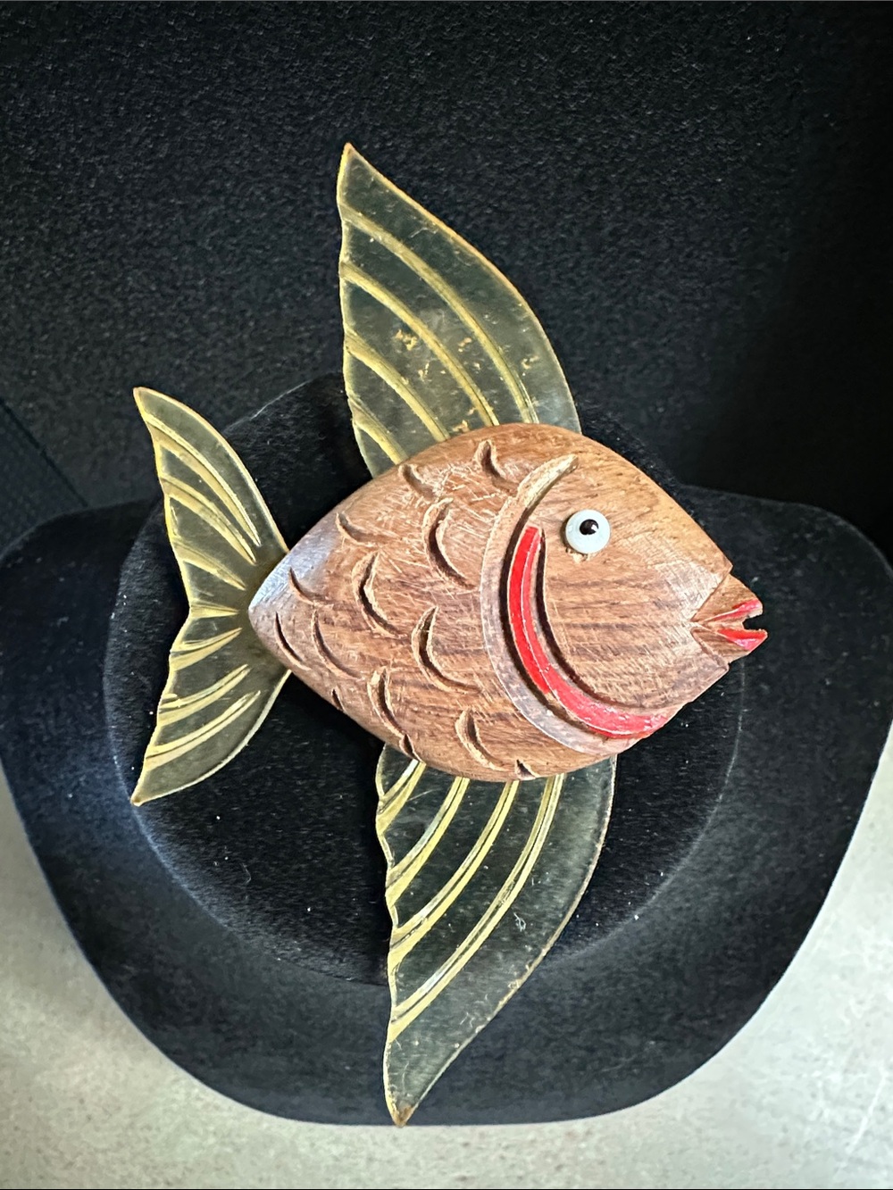 Vintage 1940s Carved Wood & Lucite Jelly Belly Flying Fish Brooch Pin WWII Era